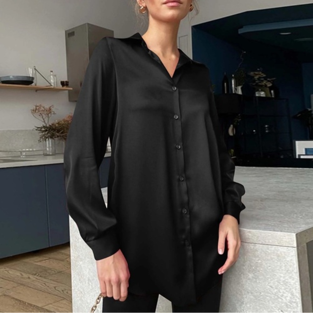 Classic Black H&M Long Sleeve Blouse – Size 10 – V-Neck Collar & Button Front